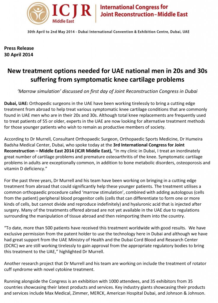 symptomatic knee cartilage problems Dubai press release